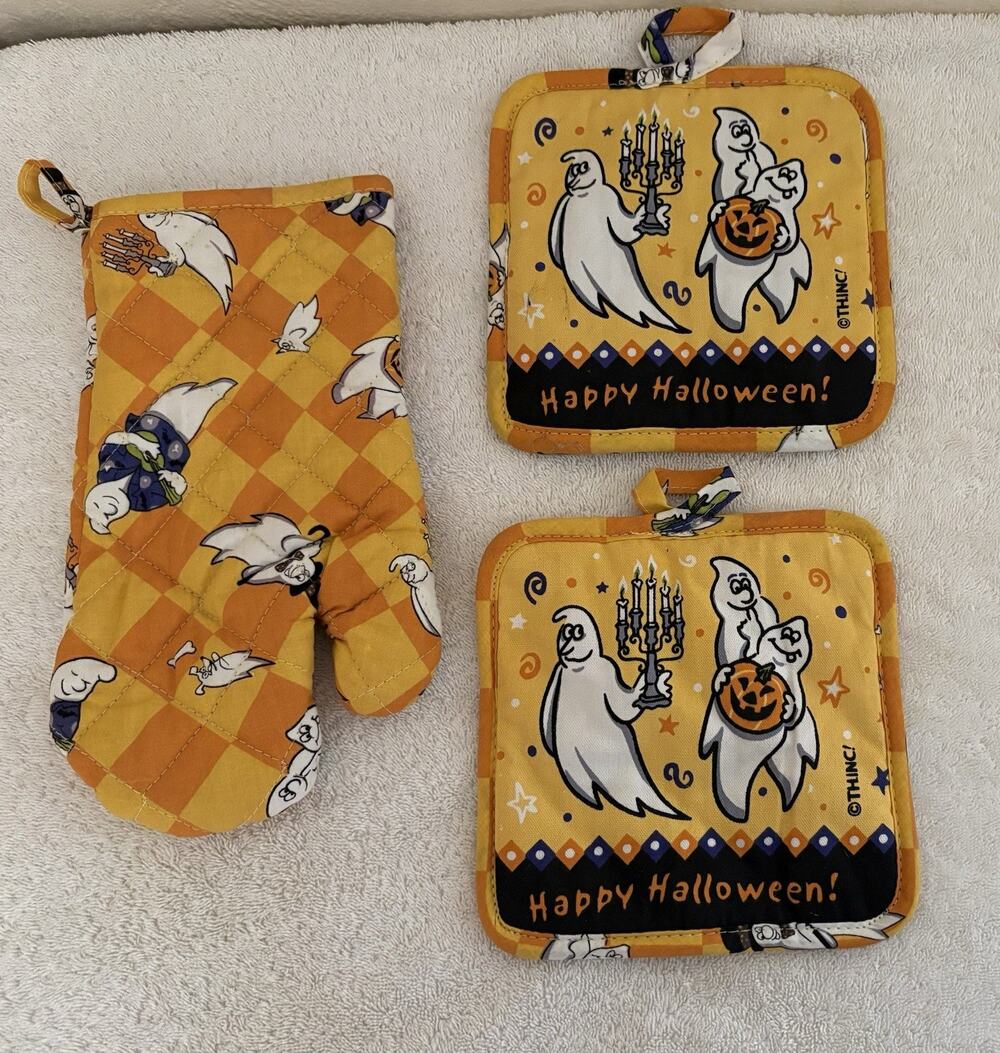Halloween Oven Mitt Glove + 2 Pot Holders Ghosts Orange Candelabra Quilted